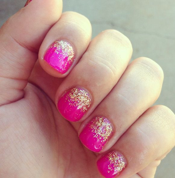 Hot Pink Nails With Glitter
 Hot pink gel nails with gold glitter Renee Allusions in