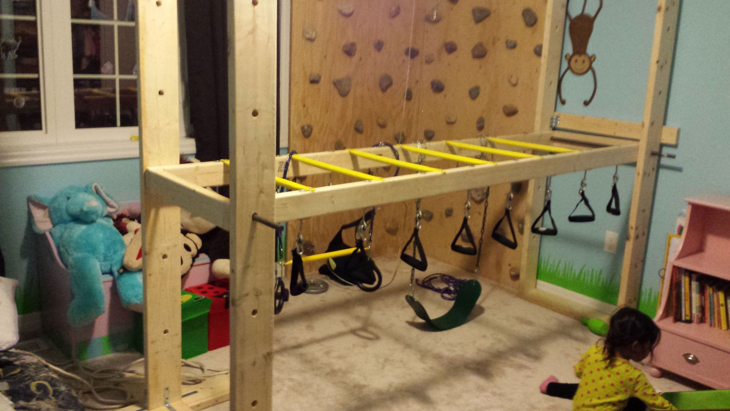 Indoor Monkey Bars Kids
 Indoor rock climbing wall with adjustable monkey bars