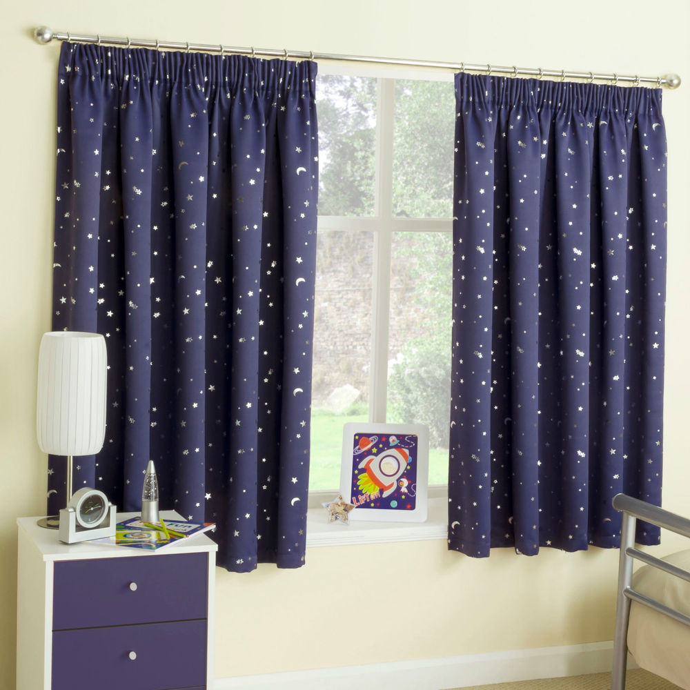 Kids Bedroom Curtains
 Navy Blue Stars Thermal Blockout Tape Top Curtains For