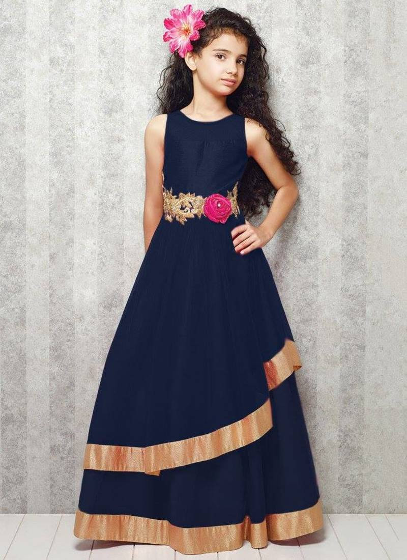 Kids Design Dress
 Buy blue satin designer embroidered partywear kids gown