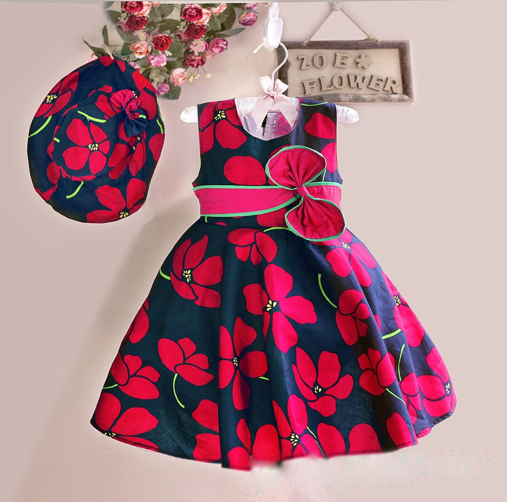 Kids Design Dress
 New Summer Baby Girls Floral Dress with cap European Style