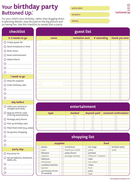 Kids Party Planning
 Free printable birthday party checklist form Buttoned Up