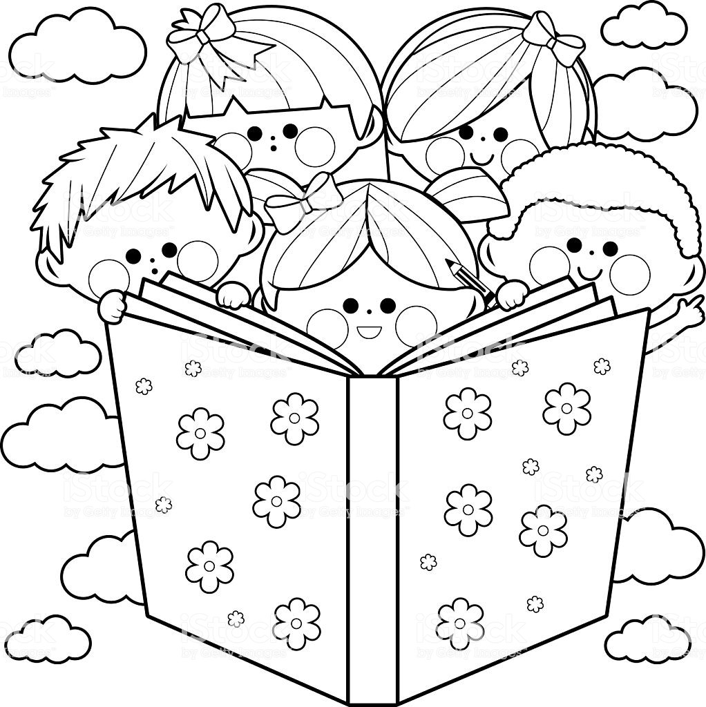 Kids Reading Coloring Pages
 Children Reading A Book Coloring Book Page Stock