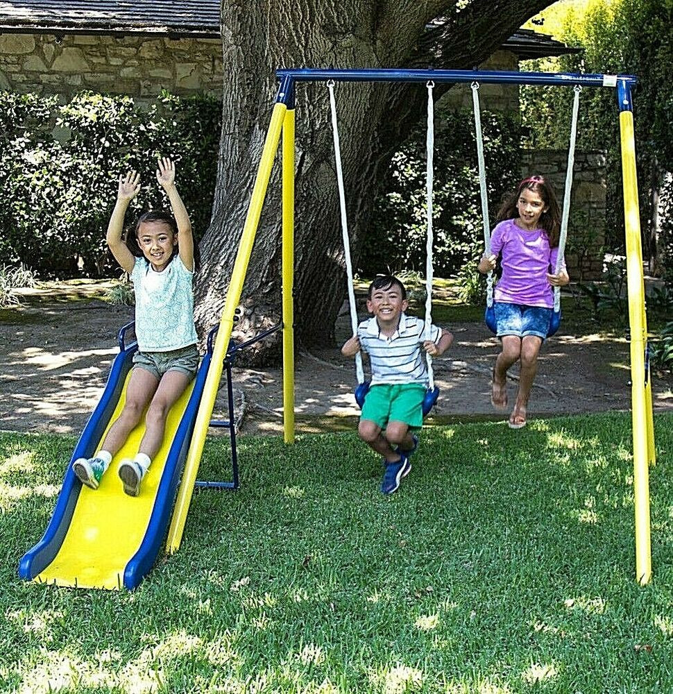 Kids Swing Sets
 Swing Set Playground Metal Outdoor Play Slide Kids