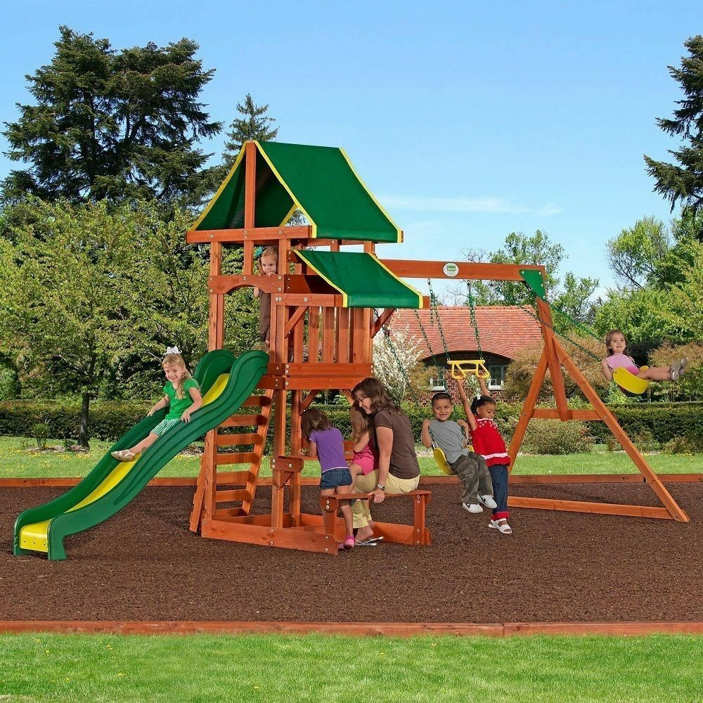 Kids Swing Sets
 Outdoor Playground Playset Wooden Swing Set Slide Backyard
