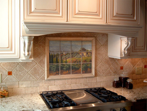 Kitchen Backsplash Murals
 Tuscan marble tile mural in Italian kitchen backsplash
