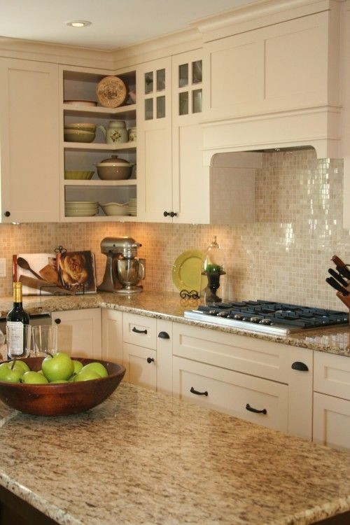 Kitchen Backsplash With Granite Countertops
 Cream 1" x 1" Pearl Shell Tile in 2019