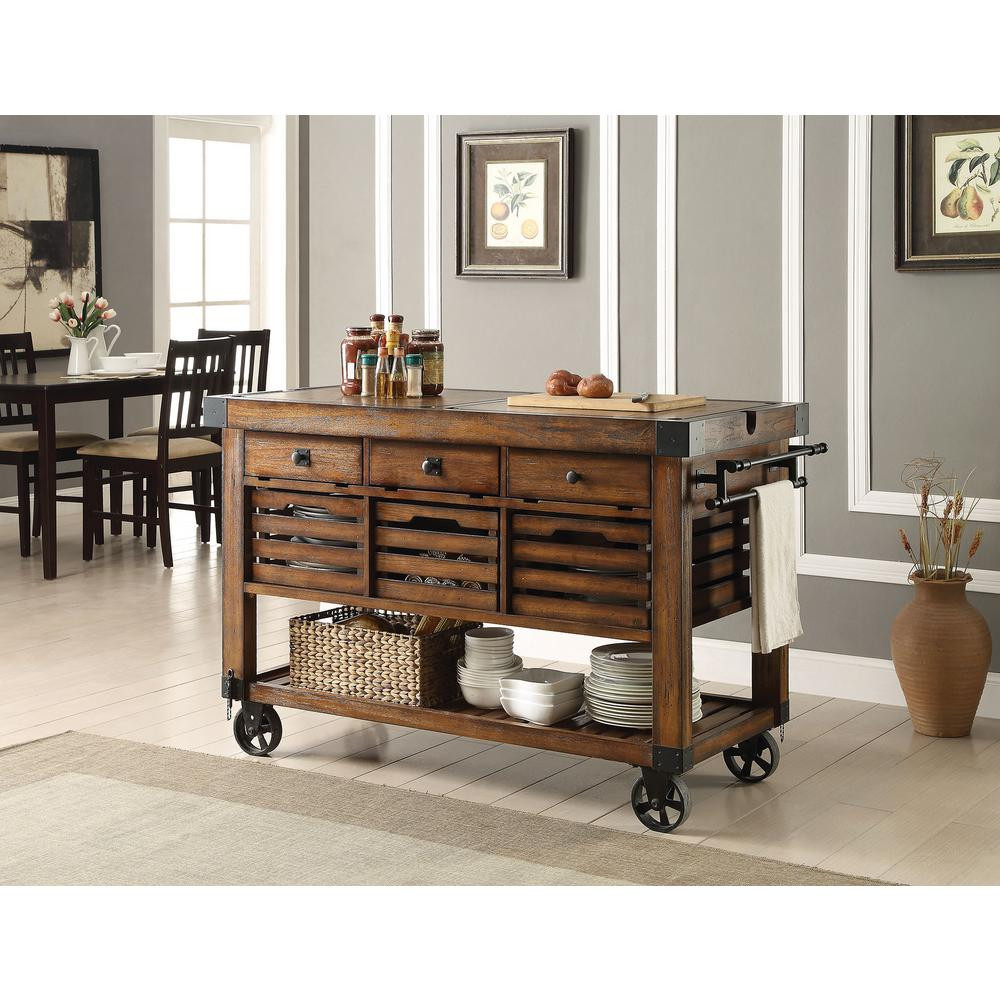 Kitchen Cart With Storage
 Acme Furniture Kaif Distressed Chestnut Kitchen Cart With