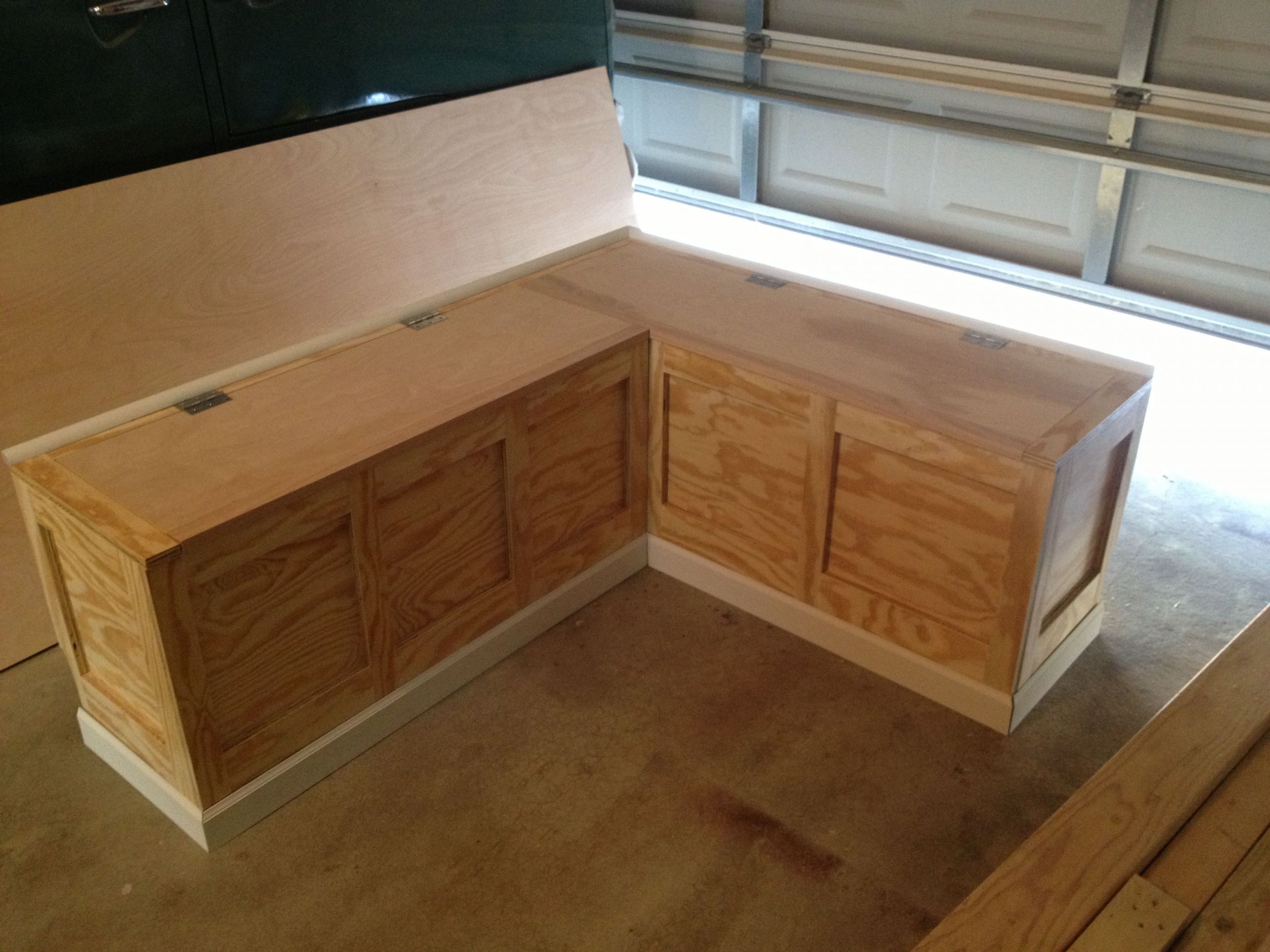 Kitchen Nook With Storage Bench
 Finished Corner bench… ly thing left is the install and