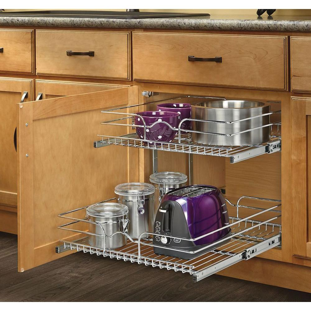 Kitchen Storage Shelf
 2 Tier Wire Basket Cabinet Pull Out Chrome Shelves Shelf