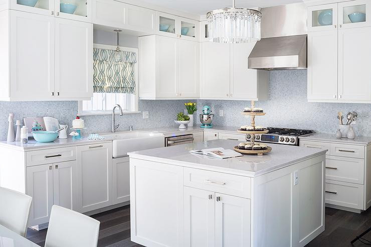 Kitchen White Backsplash
 White Kitchen with Blue Mosaic Tile Backsplash