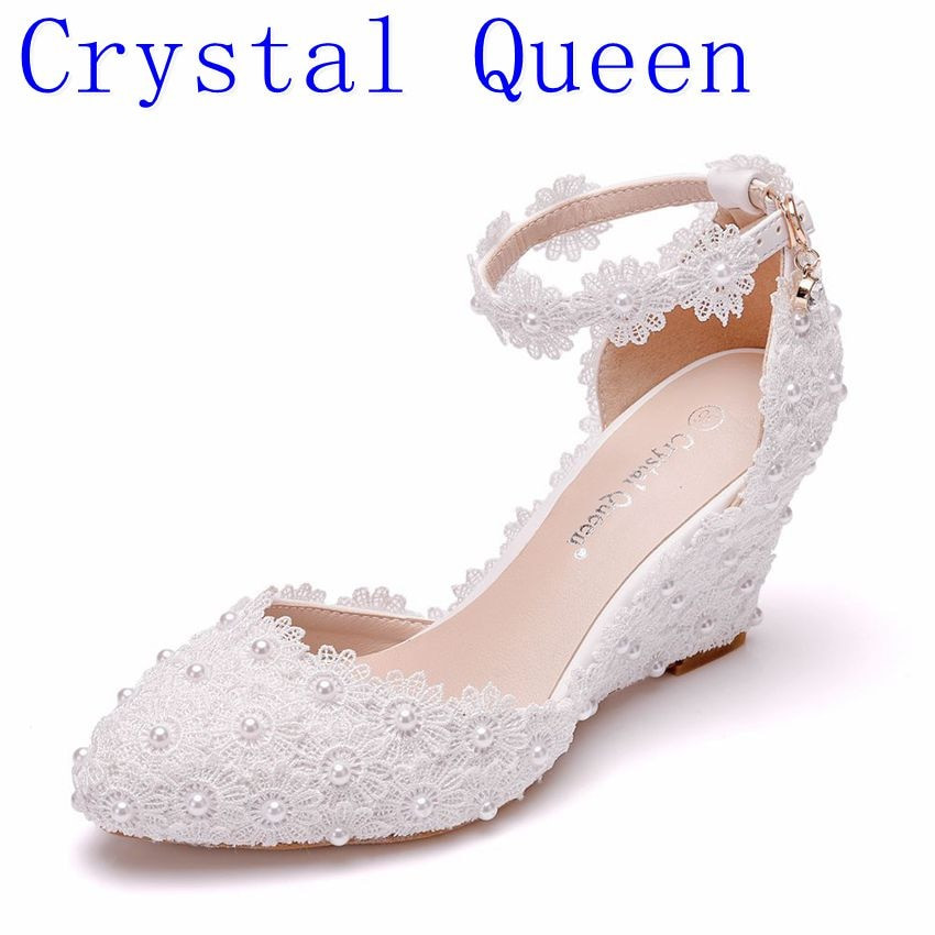 Lace Up Wedding Shoes
 Crystal Queen Lace 8CM Wedges Heel Woman Wedding Shoes