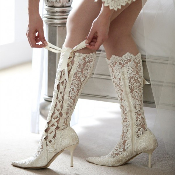 Lace Up Wedding Shoes
 White Lace Bridal Shoes Pointy Toe Side Lace up Knee Boots