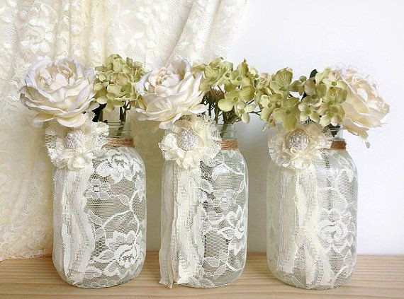 Lace Wedding Decorations
 3 Ivory Lace Covered Jar Vases Bridal Shower Decoration