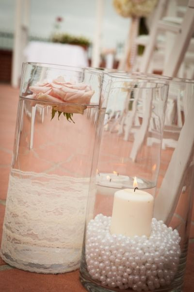 Lace Wedding Decorations
 Lace and pearls themed wedding centerpieces and decorations