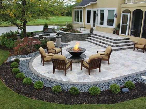 Landscaping Around Concrete Patio
 stairs firepit paver patio with travertine Back Yards