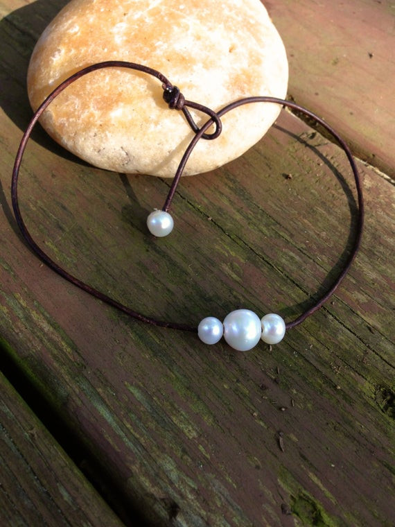 Leather Necklace With Pearl
 Items similar to Pearl Leather Necklace 3 Freshwater