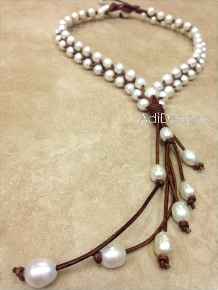 Leather Necklace With Pearl
 Leather and Freshwater Pearl Necklace MaLee by AdiDesigns