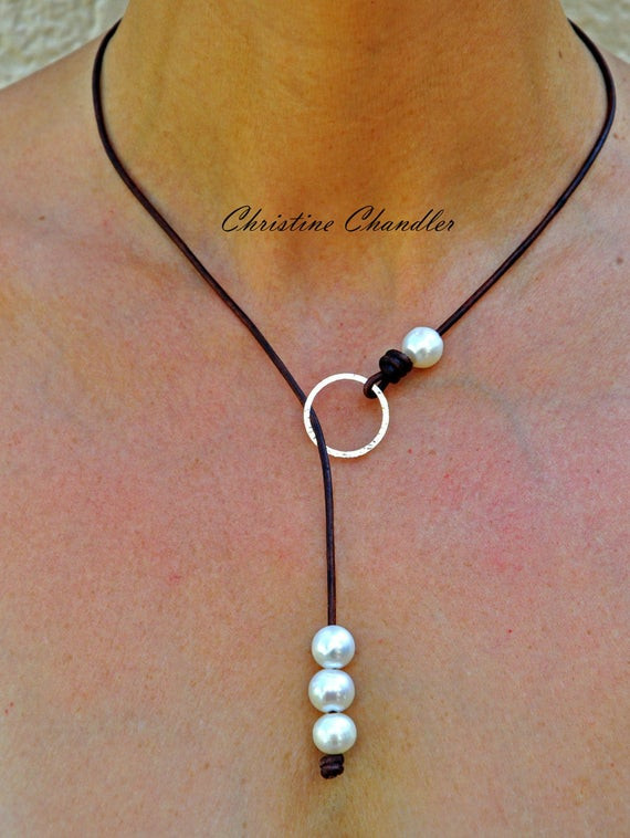 Leather Necklace With Pearl
 Leather Necklace Leather Jewelry Pearl and Leather