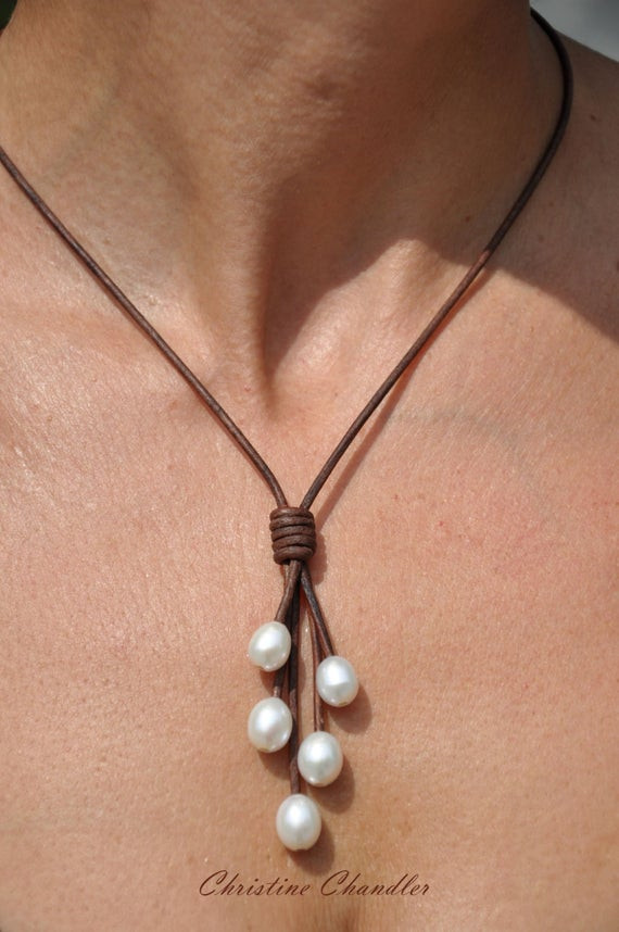 Leather Necklace With Pearl
 Pearl and Leather Necklace 5 Pearl Brown by ChristineChandler