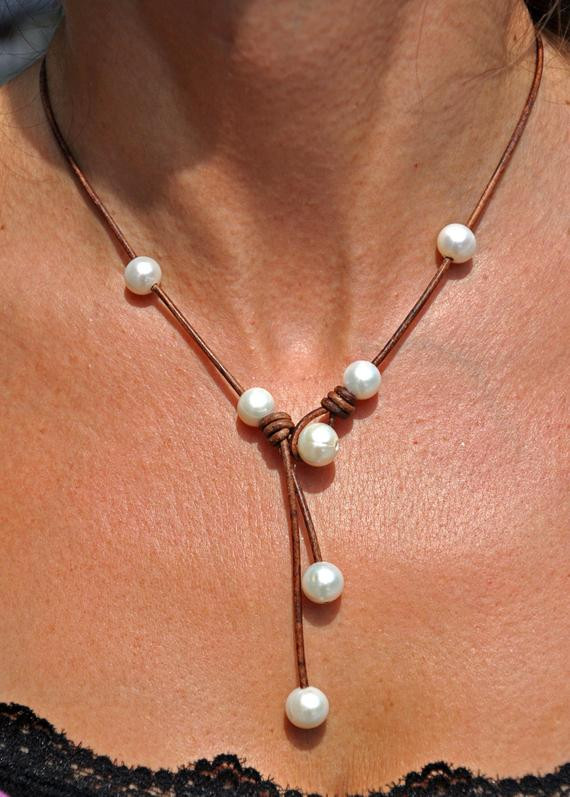 Leather Necklace With Pearl
 Pearl and Leather Necklace Brown Cascada by ChristineChandler