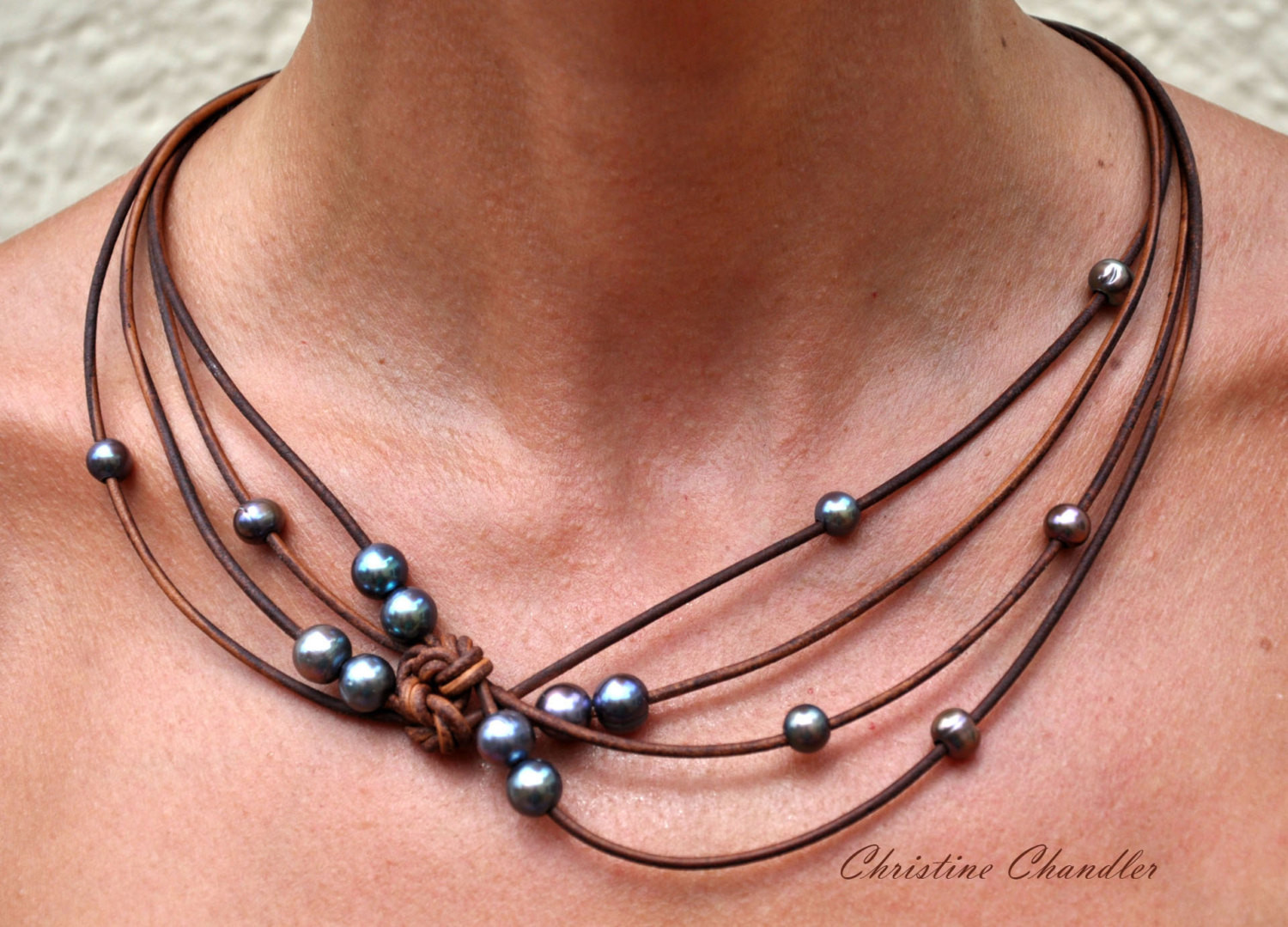 Leather Necklace With Pearl
 Pearl and Leather Jewelry Brown Peacock Reef Knot Necklace