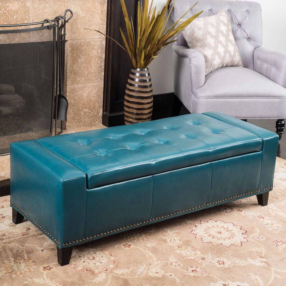 Leather Storage Ottoman Bench
 Contemporary Studded Teal Leather Storage Ottoman Bench