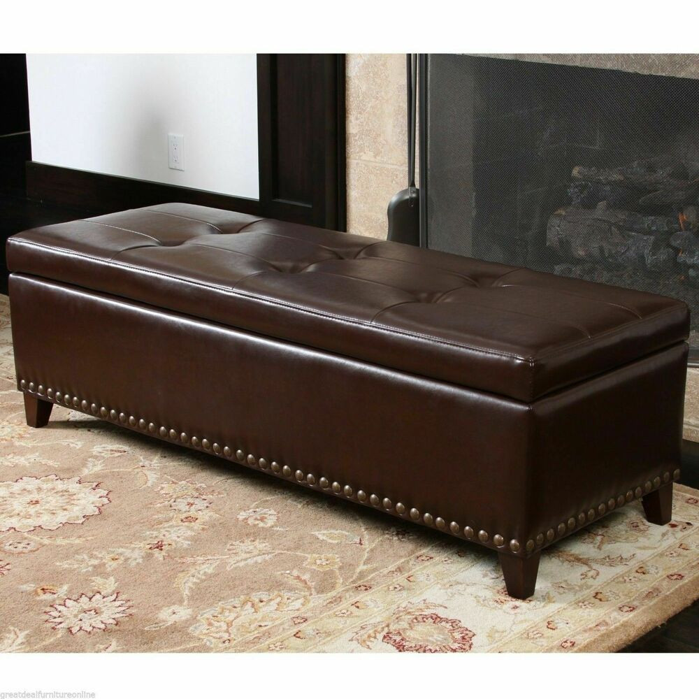 Leather Storage Ottoman Bench
 Elegant Brown Leather Storage Ottoman Bench w Tufted Top