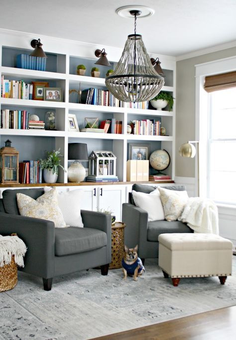 Living Room Bookcase Ideas
 Source Thrifty Decor Chick blue backing of shelves and
