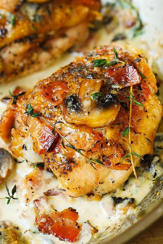 Low Calorie Chicken Thigh Recipes
 Chicken Thighs with Creamy Bacon Mushroom Thyme Sauce