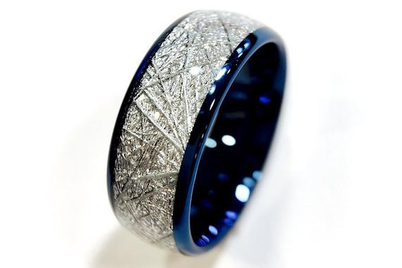 Mens Meteorite Wedding Band
 Blue Tungsten Wedding Bands Tungsten Rings Meteorite Inlay