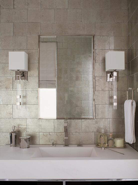 Metallic Tiles Bathroom
 White and Gray Bathroom with Gray Metallic Tiles