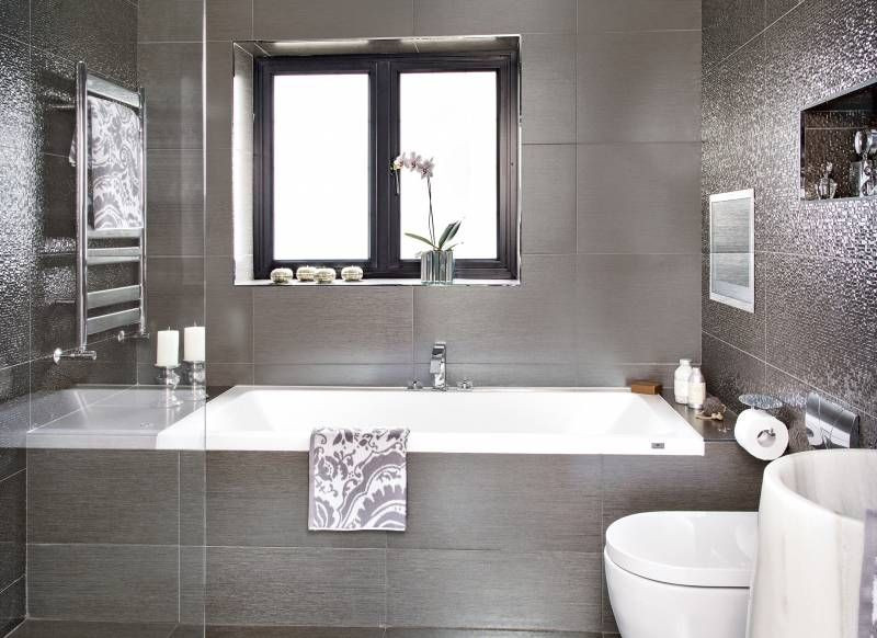 Metallic Tiles Bathroom
 Glamorous Grey Bathroom with Shimmering Metallic Tiles