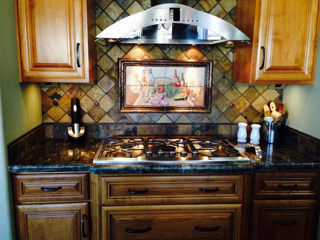 Mexican Tile Backsplash Kitchen
 "Shots and Salsa Mexican Happy Hour" hand painted tiles