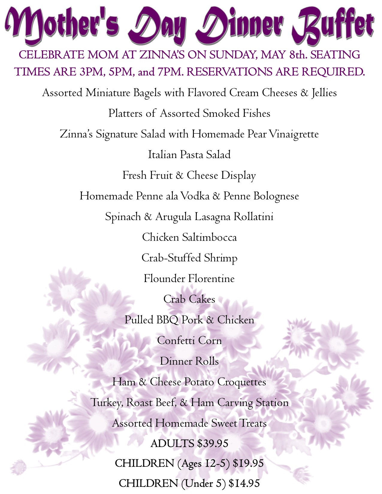 Mothers Day Dinner Menu
 Events