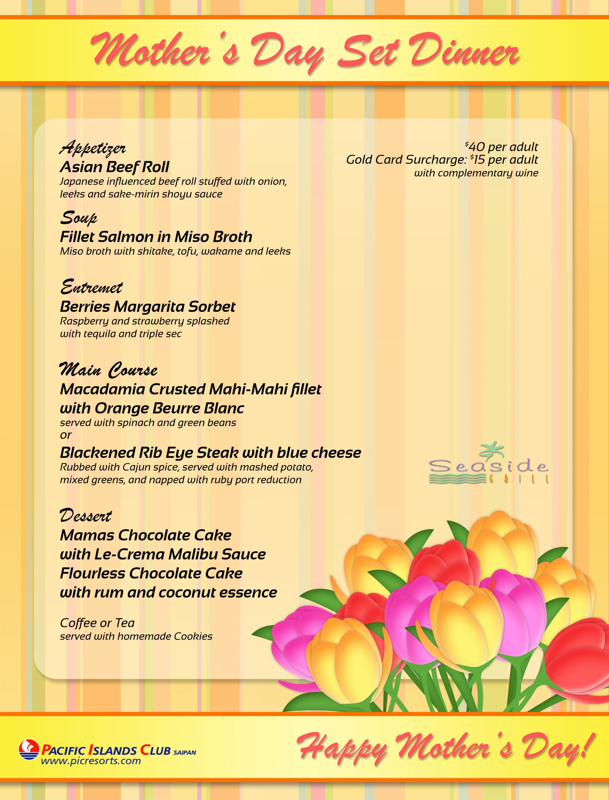 Mothers Day Dinner Menu
 Special Mother’s Day Dinner at Seaside Grill