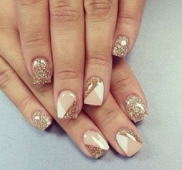 Nude Nails With Gold Glitter
 Nude white and gold glitter gel nails