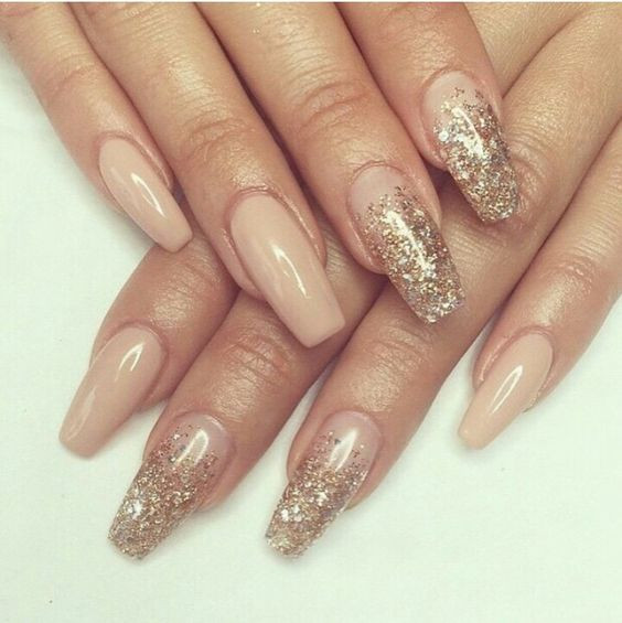 Nude Nails With Gold Glitter
 Gold Coffin nails and Nails on Pinterest