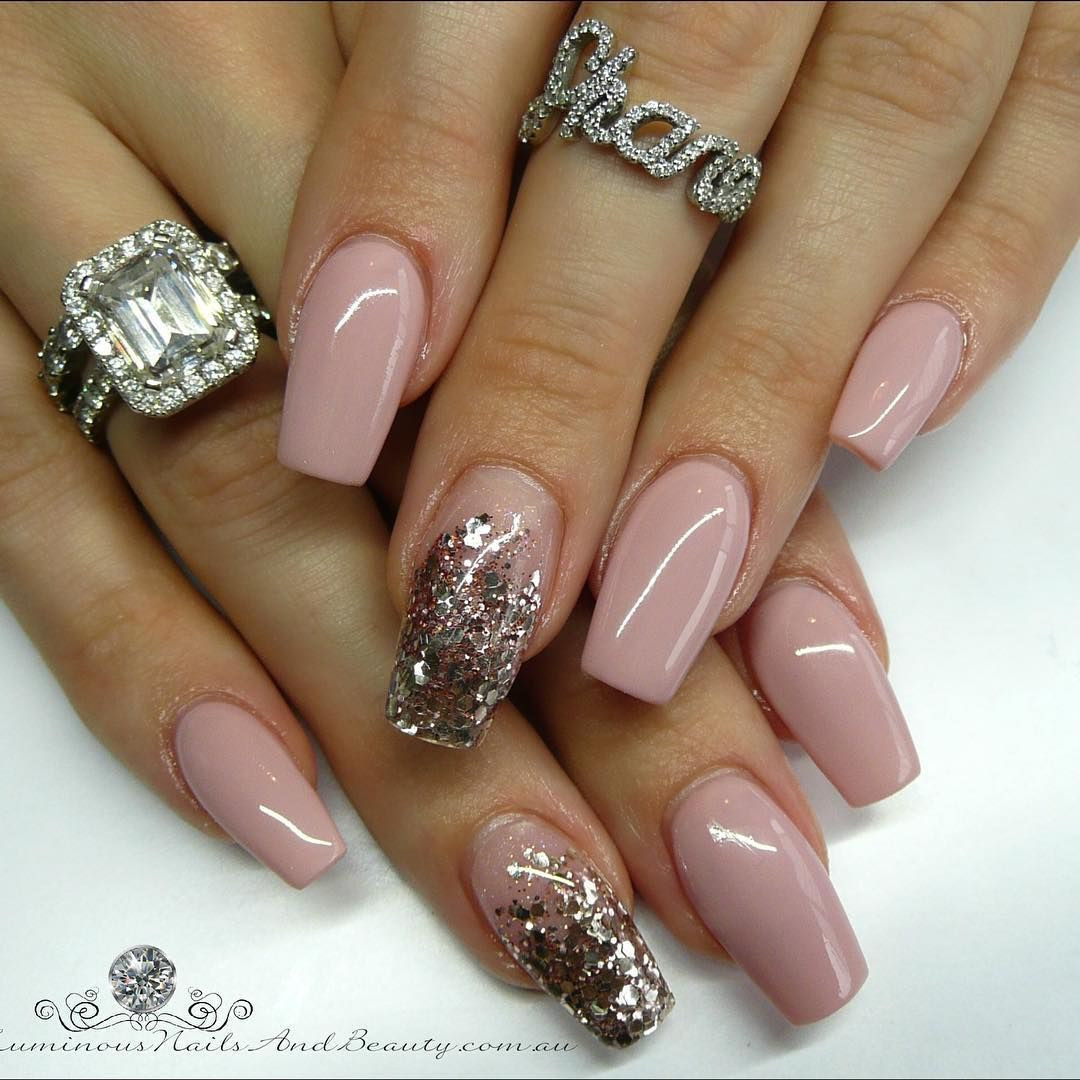 Nude Nails With Gold Glitter
 Pinky Nude & Rose Gold Sculptured Acrylic with