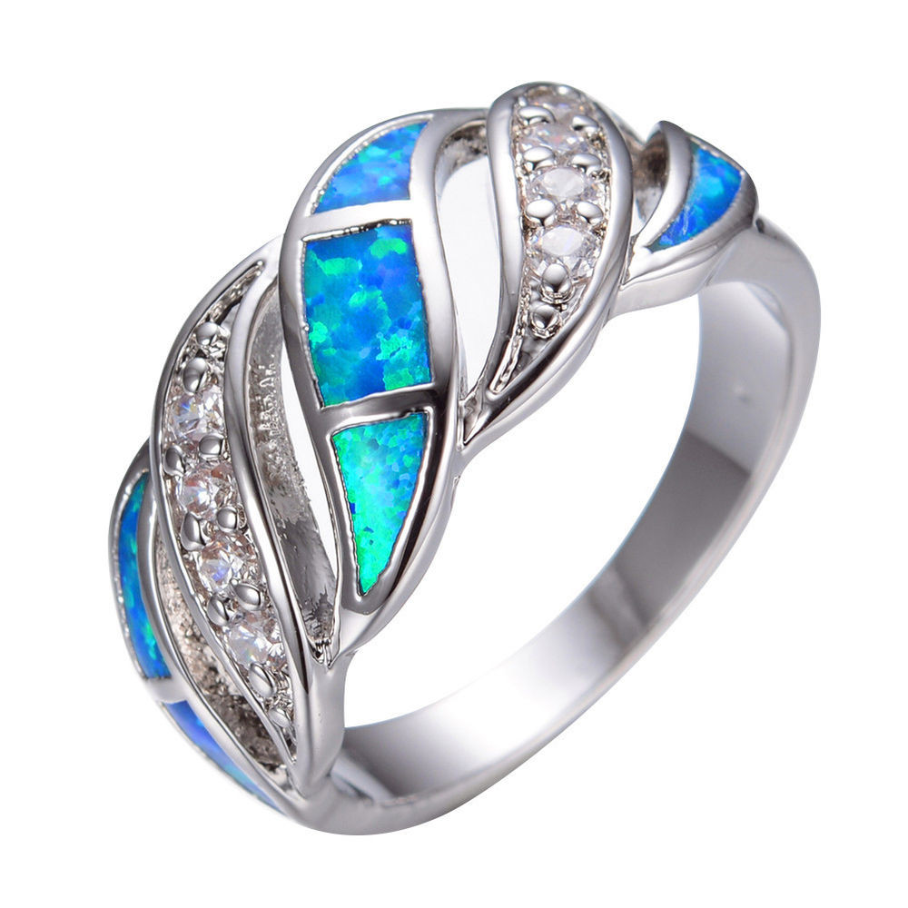 Opal Wedding Rings For Women
 Elegant Blue Fire Opal & CZ Wedding Band Ring Women 925