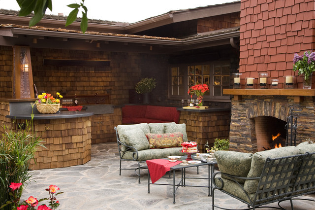 Outdoor Kitchen Designs With Fireplace
 Craftsman outdoor kitchen and fireplace Traditional