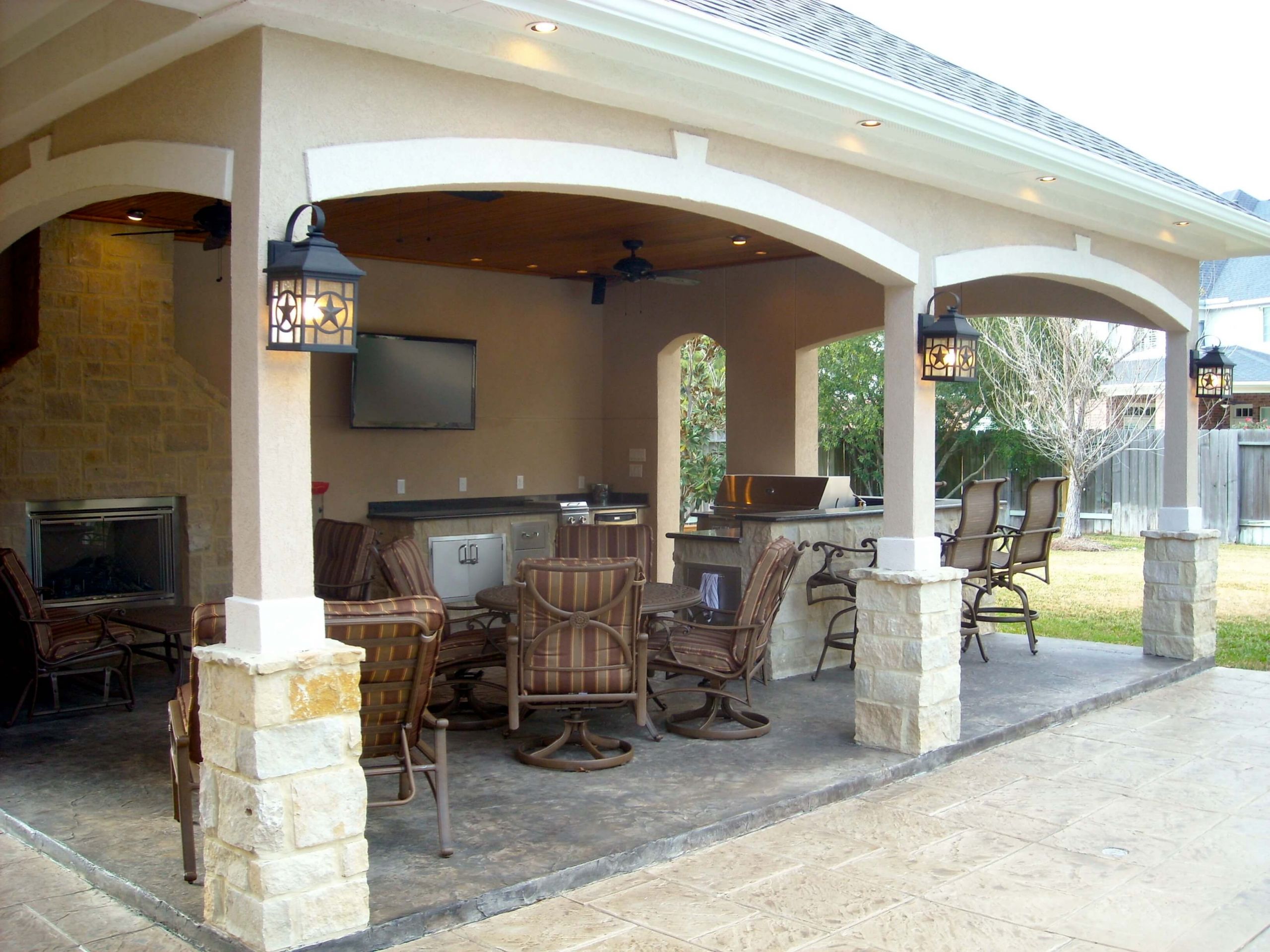 Outdoor Kitchen Patio
 Pool House With Outdoor Kitchen & Fireplace In Cypress