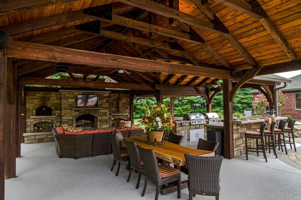 Outdoor Kitchen With Fireplace
 Poolside Pavilion With TV Outdoor Fireplace Kitchen