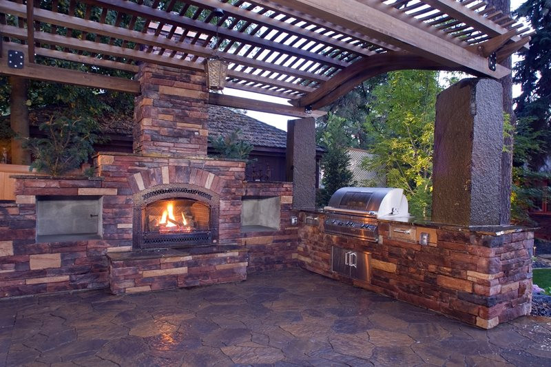 Outdoor Kitchen With Fireplace
 Pergola and Patio Cover Mead WA Gallery