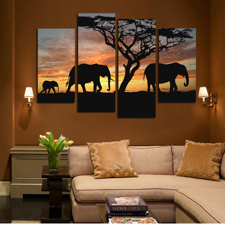 Paintings For Living Room Walls
 4 Panels Elephant in Sunsetting Print Canvas Painting for