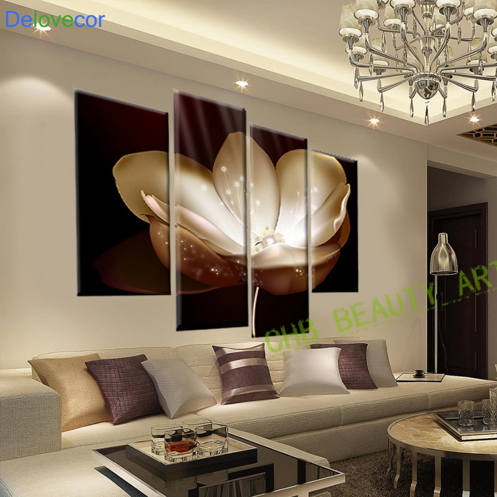 Paintings For Living Room Walls
 4 Panel Gold Flower Printed Painting Canvas Picture Wall