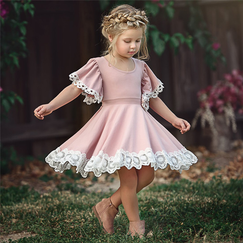 Party Dresses For Girl Child
 Kids Baby Girls clothes Lace Princess round neck short