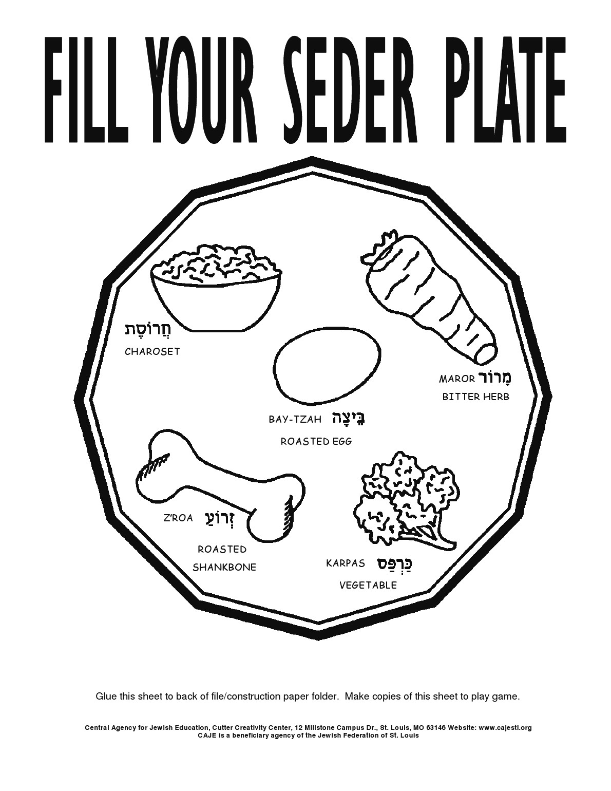 Passover Activities For Sunday School
 Fill Your Seder Plate Coloring page for children