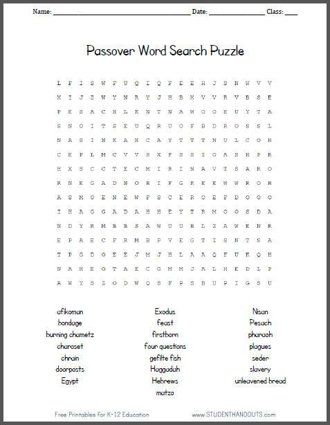 Passover Activities For Sunday School
 Passover Word Search Puzzle for Kids Free to Print PDF