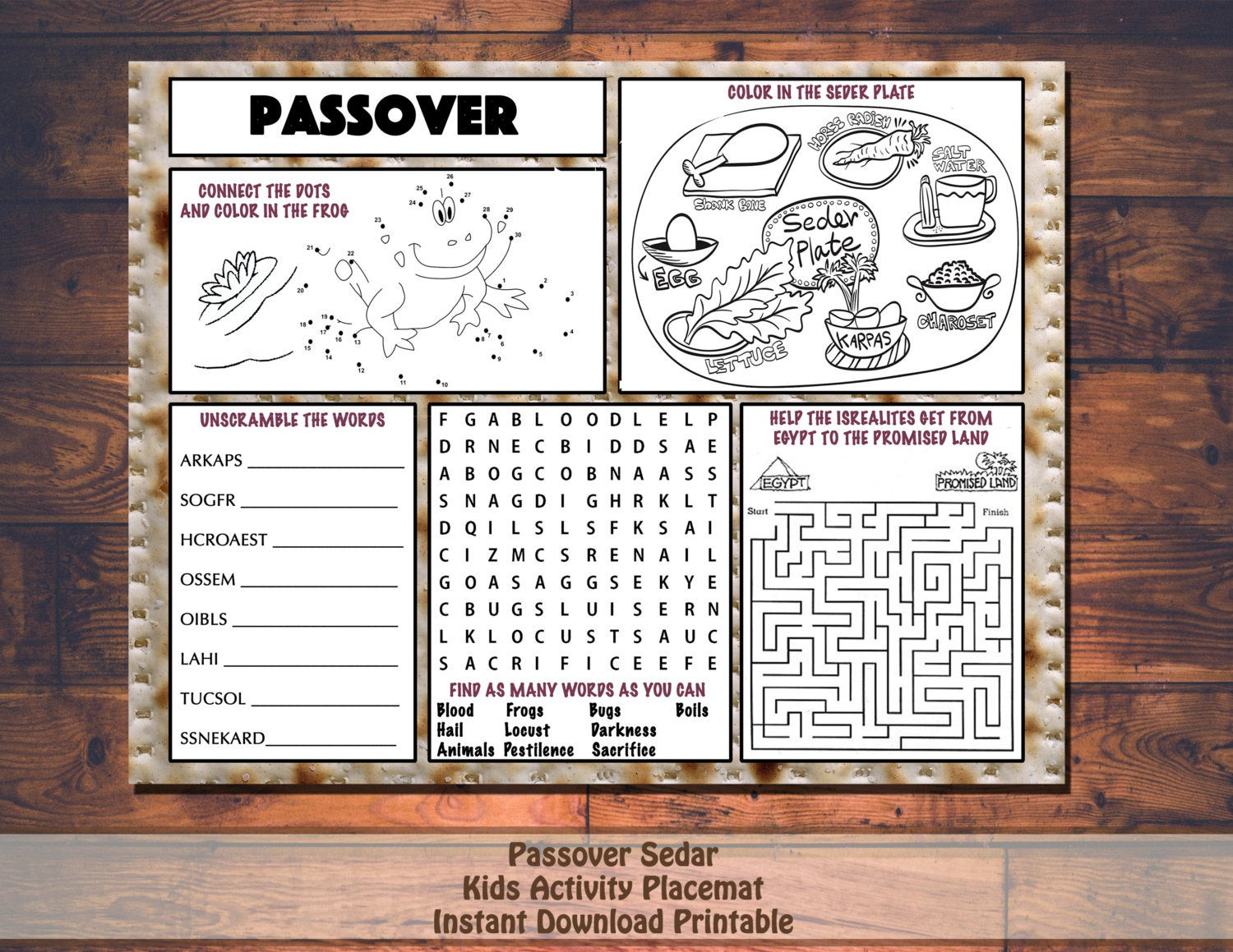 Passover Activities
 Kids Passover Pesach Activity Printable Placemat Instant